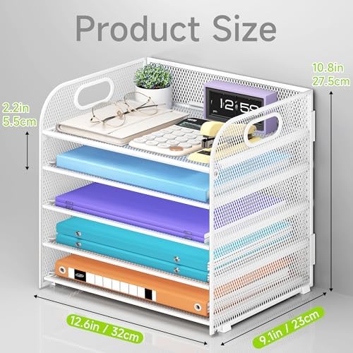 Cawukege 5 Tier Paper Organizer with Handle, White Metal Mesh Desk Organizer File Folder Paper Letter Tray Desktop Document Sorter for Classroom, School, Office Accessories Organization and Storage