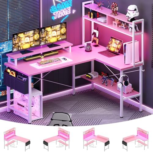 Aheaplus L Shaped Gaming Desk with Power Outlets & LED Lights, Pink