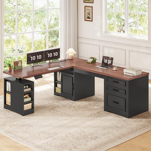 SEDETA Farmhouse L Shaped Electric Standing Desk, 63" x 67" Height Adjustable Office Executive Desk with Drawers and Shelves, Standing Computer Desks with Power Outlet for Home Office, Black+Brown