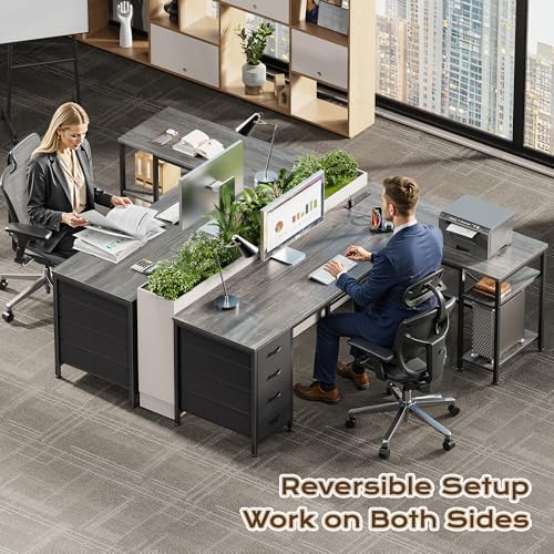 Huuger 55 Inch L Shaped Desk with Fabric Drawers, Reversible Computer Gaming Desk with Power Outlets and USB-C Port, Adjustable Side Storage Shelves, for Work Study Corner Home Office, Grey,1CD078H
