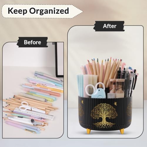 SKYDUE 360 Degree Rotating Pen Holder for Desk with 5 Slots,Tree of Life