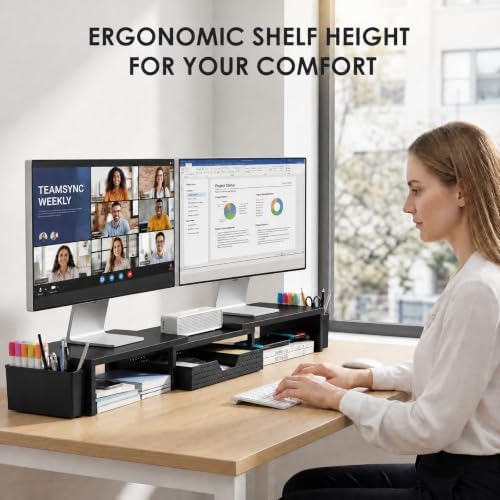 OPNICE Desk Organizers and Accessories, Dual Monitor Stand Riser with Drawer and 2 Pen Holders, Desk Shelf Computer Racks for Office Workspace Organizers, Desktop Organization (Black)