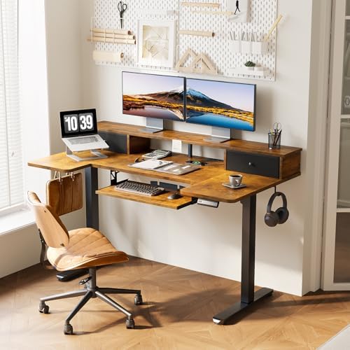 OffiGo 55 Inch U Shape Standing Desk, Keyboard Tray & Drawers, Rustic Brown
