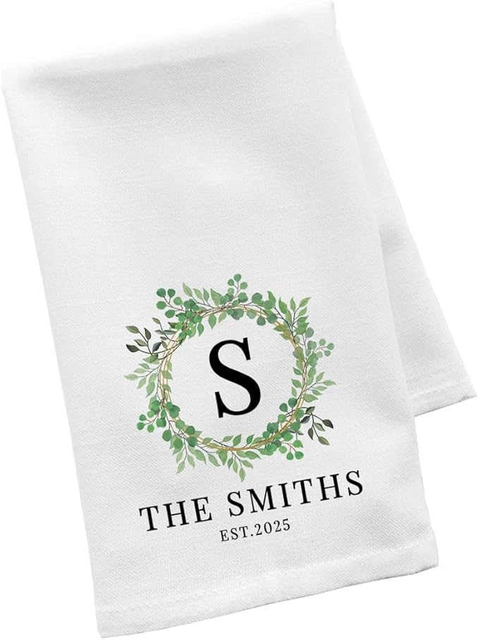 Andaz Press Personalized Kitchen Towel, Flour Sack Tea Towel, Greenery Monogram Custom Name Year Birthday for Mom Daughter Grandma, Wedding Gift Housewarming Gift for Couples