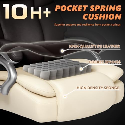 500lbs Big and Tall Office Chair with Dual Rubber Wheel and Pocket Spring Cushion, Comfy Heavy Duty Office Chair for Low Back Pain Relief, Large Executive Desk Chair with Adjustable Lumbar Support