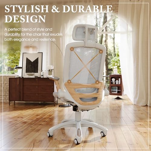 GABRYLLY Ergonomic Office Chair, High Back Home Desk Chair with Flip-Up Arms, Headrest, 90-120° Tilt and Wide Cushion, 300LBS White Mesh Chair for Work Gaming Study (GY01-NT, Woodgrain Pattern)