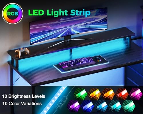 AODK Gaming Desk w/PC Showcase Stand, 59" Reversible, RGB LED, Black