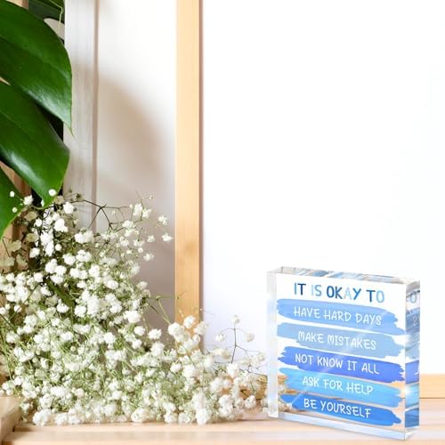 Mental Health “It Is Okay To...” Desk Sign - 4x4 Inch Blue Acrylic Affirmation Decor for Women, Therapy Office Decor, Self-Compassion Gifts, Anxiety Relief & Positive Workspace Accessories