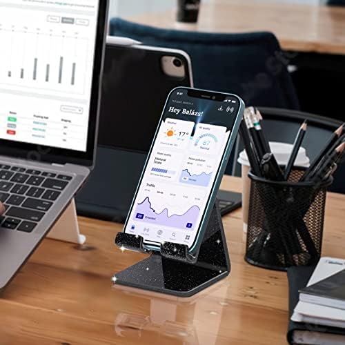 Crpich Acrylic Cell Phone Stand, Portable Phone Holder, Phone Stand for Desk, Compatible with Phone16 15 14 13 12 Pro Max Mini 11 Xr 8 Plus SE, Switch, Android Smartphone, Pad, Tablet, Glitter Black