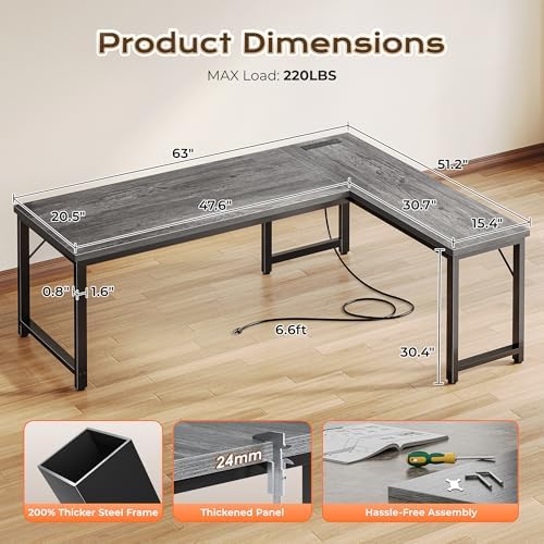 Huuger 63 Inch L Shaped Desk with Power Outlets & 0.95 Inch Thicker Desktop