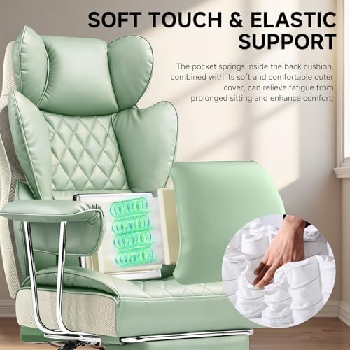 COMHOMA Big and Tall Office Chair, High Back Leather Gaming Chair with Footrest, Executive Ergonomic Office Chairs with Pocket Spring Lumbar Support and with Outward Fixed Soft Armrests