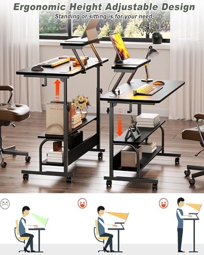 Height Adjustable Standing Desk with Power Outlets and LED Lights - 32" Manual Stand Up Desk with Monitor Stand and Storage Shelves Small Mobile Rolling Computer Desk Portable Laptop Table, Black