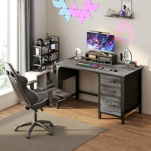 Lufeiya Computer Desk with File Drawers Cabinet, 47 Inch Home Office Desks with Filing Cabinet for Small Space, Gaming Study Writing Table PC Desks, Gray