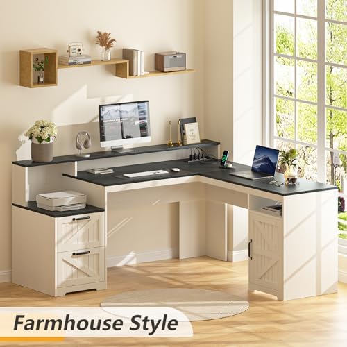 63" Farmhouse L Shaped Desk with Drawers & Printer Shelf for Home Office