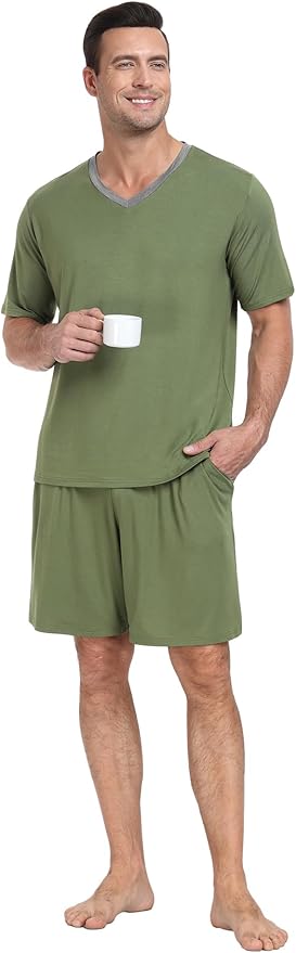 PrinStory Men's Pajama Set Sleepwear Pjs Lightweight Quick Dry Short Sleeve V-Neck Shirts and Shorts Soft Comfy Sleep Sets