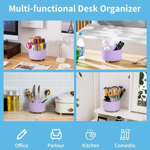 Marbrasse Desk Organizer, 360-Degree Rotating Pen Holder, Desk Organizers and Accessories with 5 Compartments Pencil Holder, Art Supply Storage Box Caddy for Office, Home（Purple）