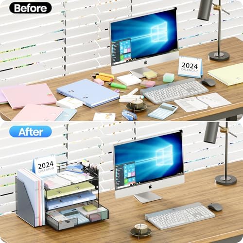 OPNICE Desk Organizer, 4-Tier Desktop File Organizer with Drawer and Pen Holders, Office Desk Accessories, File Sorters, Workspace Organizers for Office Supplies(Black)