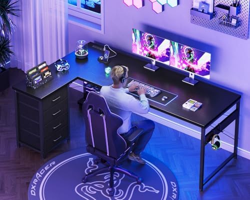 AODK 67" L Shaped Gaming Desk with 4 Drawers and Power Outlets, Black