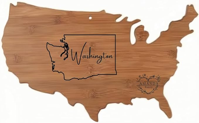 Personalized state-shaped and named date platters, carved wooden cutting boards, custom cheese boards as Mother's Day, wedding, housewarming gifts (Nan bamboo American shape 18x12x0.6in)