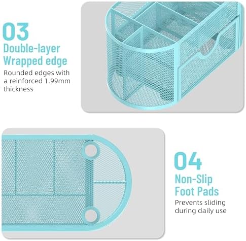 Mesh Desk Organizer with Drawer, 9-Compartment Pen Holder for Desk, Blue