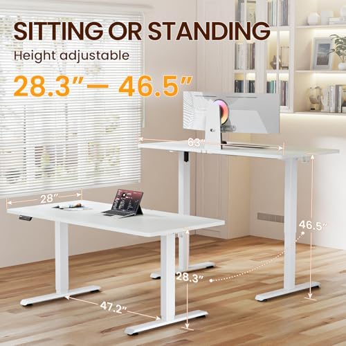 Veken 63"x28" Wider Large Standing Desk, Electric Height Adjustable, White