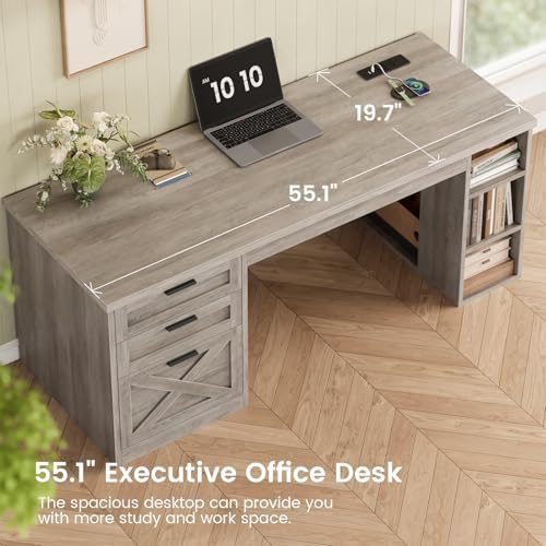 SEDETA 55.1" Farmhouse Office Desk with 3 Drawers for Home Office,Grey