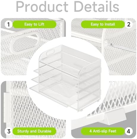 Cawukege 5 Tier Paper Organizer with Handle, White Metal Mesh Desk Organizer File Folder Paper Letter Tray Desktop Document Sorter for Classroom, School, Office Accessories Organization and Storage