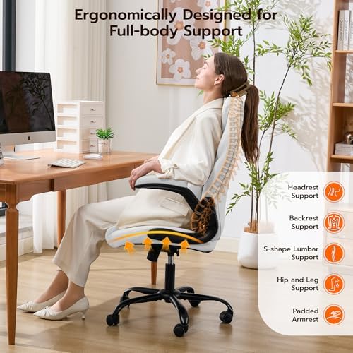 Ylzyxal Office Desk Chair, Ergonomic Computer Chair with Padded Flip-Up Arms and Adjustable Lumbar Support, PU Leather Executive Chair with Tilt Lock and 360° Swivel Rolling Wheels for Work, Study