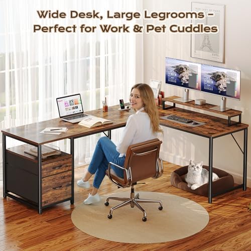 PRAISUN 63 Inch L Shaped Desk with Power Outlets and USB-C Port, Computer Corner Home Office Desk with File Fabric Drawers and Movable Monitor Stand, Larger Storage, Gaming, Writing, Rustic Brown