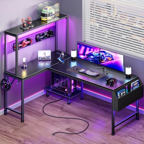PRAISUN L Shaped Gaming Desk with LED Lights & Power Outlets