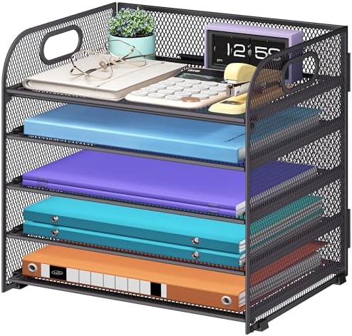 Cawukege 5 Tier Paper Organizer with Handle, Grey Metal Mesh Desk Organizer File Folder Paper Letter Tray Desktop Document Sorter for Classroom, School, Office Accessories Organization and Storage