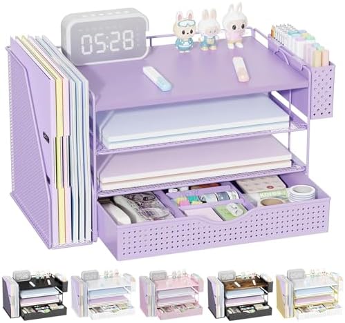 Wood Desk Organizers and Accessories with File Holder, 4-Tier Desk Accessories & Workspace Organizers with Drawer and Pen Holder, Desk Reference Organizer (Purple, 4T with Drawer)