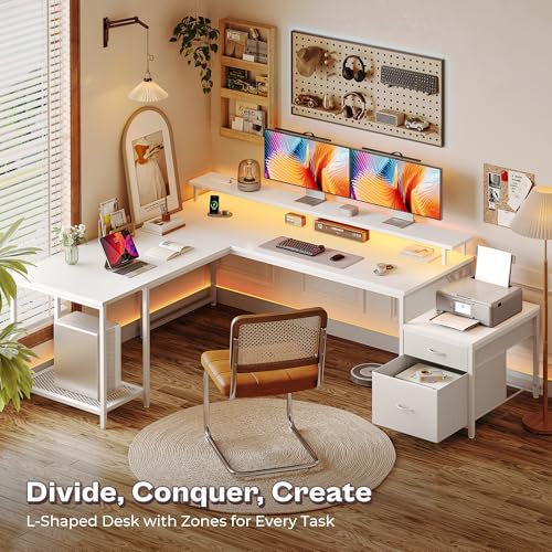 PRAISUN 66" L Shaped Gaming Desk with LED Lights & Power Outlets