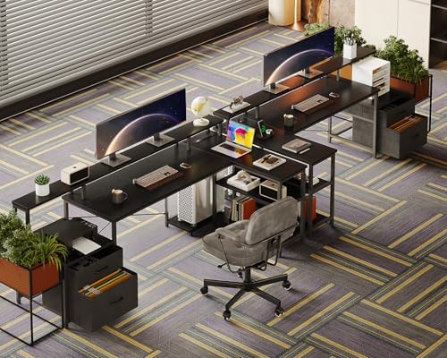ODK 75" L Shaped Desk with File Drawers, Work from Home Office Desk with Power Outlet, Reversible Computer Desk with Storage Shelves, Gaming Desk with Monitor Shelf, Corner WFM Table, Black