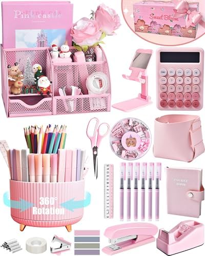 LXEVIHK Pink Desk Accessories 21-Piece Office Supplies Gift Set for Women