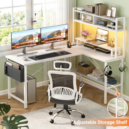 Aheaplus L Shaped Gaming Desk with Power Outlets & LED Lights, White