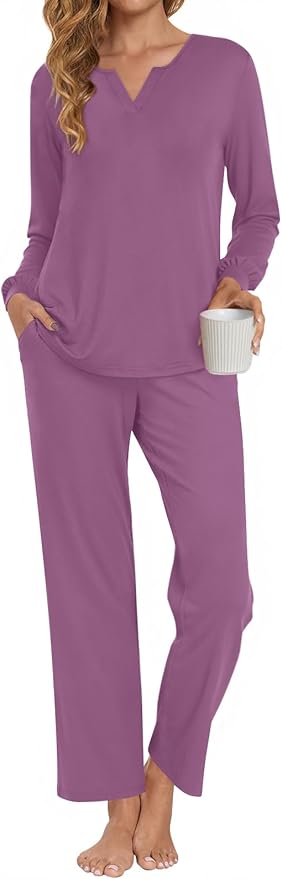 Anyally Women's Plus Size Pajama Sets Ladies Fall Pjs 2 Pieces Lounge Outfits V Neck Long Sleeves Sleepwear with Pockets