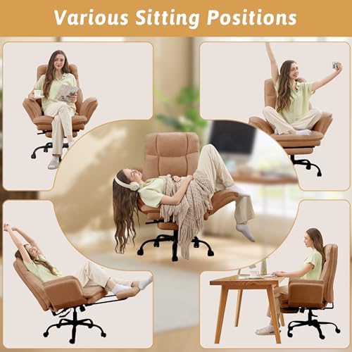 Wider Seat Office Chair with Flip Armrests for Criss Cross Legged&Cats, Big and Tall Executive Ergonomic Reclining Chair with Footrest&Lumbar Pillow, Teddy Fleece Desk Chair,Brown Vanity Chair