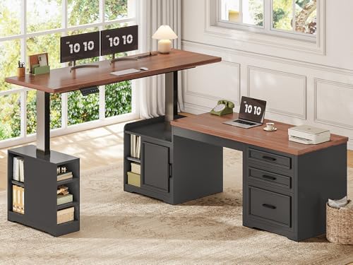 SEDETA Farmhouse L Shaped Electric Standing Desk, 63" x 67" Height Adjustable Office Executive Desk with Drawers and Shelves, Standing Computer Desks with Power Outlet for Home Office, Black+Brown