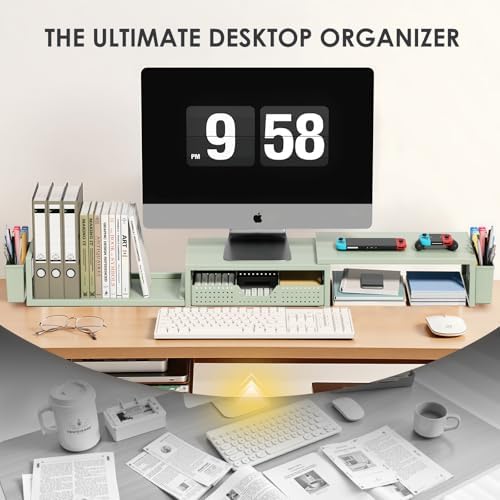 OPNICE Desk Organizers and Accessories, Dual Monitor Stand Riser with Drawer and 2 Pen Holders, Desk Shelf Computer Racks for Office Workspace Organizers, Desktop Organization (Sage Green)