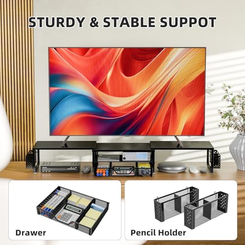 Simple Trending Dual Monitor Stand with Drawer and 2 Pen Holders, Black