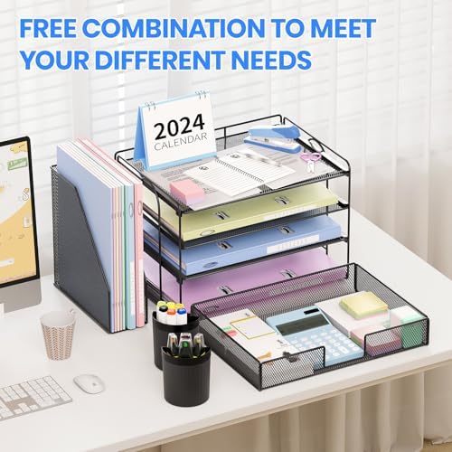 OPNICE Desk Organizer, 4-Tier Desktop File Organizer with Drawer and Pen Holders, Office Desk Accessories, File Sorters, Workspace Organizers for Office Supplies(Black)