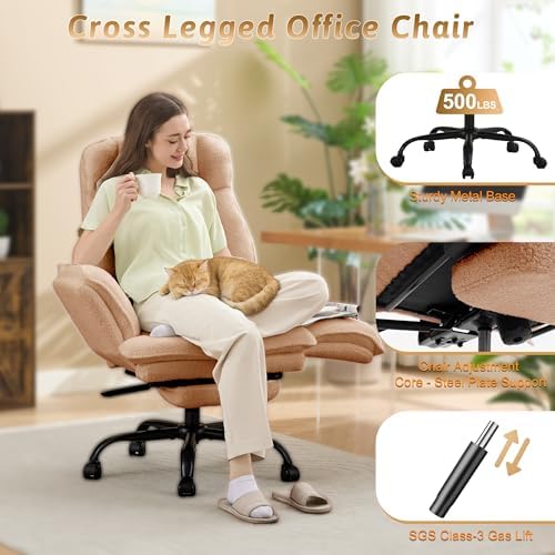 Wider Seat Office Chair with Flip Armrests for Criss Cross Legged&Cats, Big and Tall Executive Ergonomic Reclining Chair with Footrest&Lumbar Pillow, Teddy Fleece Desk Chair,Brown Vanity Chair
