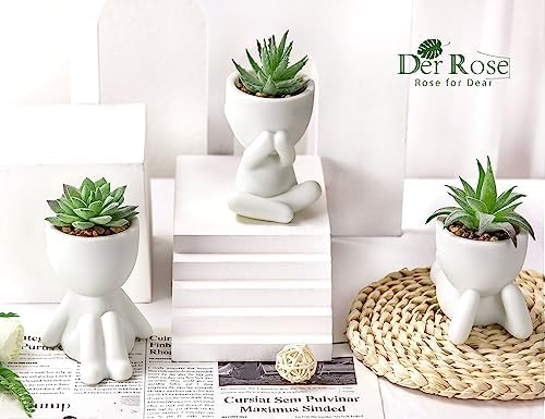 Der Rose 3 Pack Fake Succulents in White Human-Shaped Pots for Desk Decor