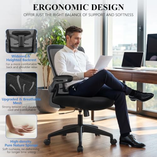 FelixKing Office Chair, Ergonomic Desk Chair Breathable Mesh Chairs Adjustable High Back Lumbar Support Flip-up Armrests, Executive Rolling Swivel Comfy Computer Chairs Home Office Black