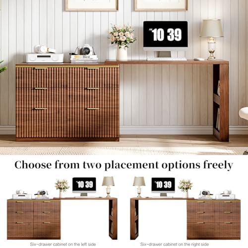 Ieejdn Computer Desk with 6 Drawers, 78" Modern Writing Desk with 0.98" Thickened Desktop & Storage Shelves, Adjustable direction & Extendable Executive Office Desk Study Table for Home Office, Walnut