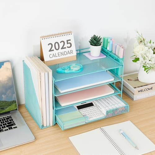 OPNICE Desk Organizer, 4-Tier Desktop File Organizer with Drawer and Pen Holders, Office Desk Accessories, File Sorters, Workspace Organizers for Office Supplies(Teal Blue)