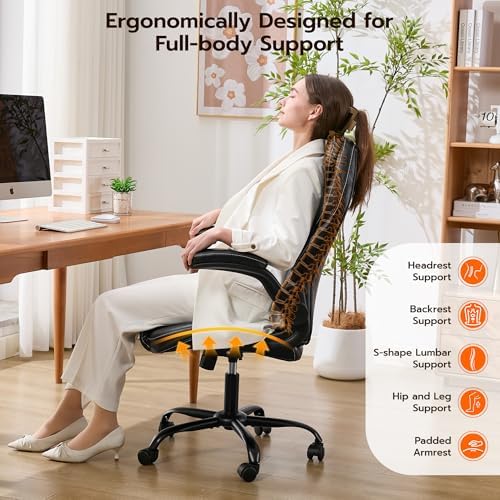Ylzyxal Office Desk Chair, Ergonomic Computer Chair with Padded Flip-Up Arms and Adjustable Lumbar Support, PU Leather Executive Chair with Tilt Lock and 360° Swivel Rolling Wheels for Work, Study