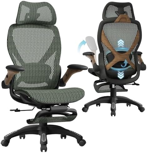 ELABEST X100 Ergonomic Mesh Office Chair with Footrest, Big and Tall Home Desk Chair with 5D Flip-Up Arms, Adjustable 3D Lumbar Support, Gaming & Executive Computer Chair (Forest Ranger)