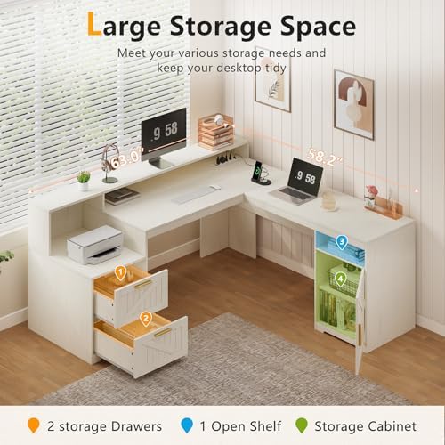 63" Farmhouse L Shaped Desk with Drawers & Printer Shelf for Home Office